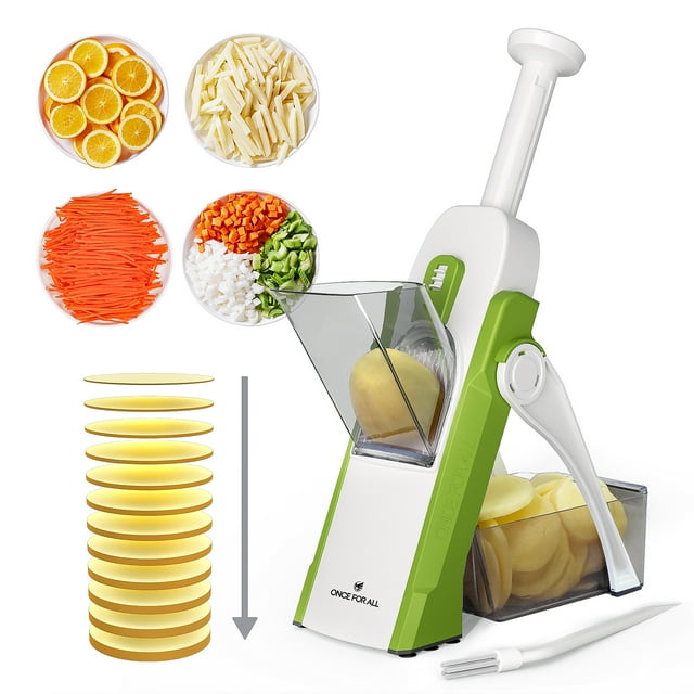 ONCE FOR ALL Mandoline Trancheuse Alimentaire, Trancheuse de Légumes en Acier Inoxydable Réglable, Coupe-Oignons Pommes de Terre Ail Concombre Multifonction pour Cuisine, Vert