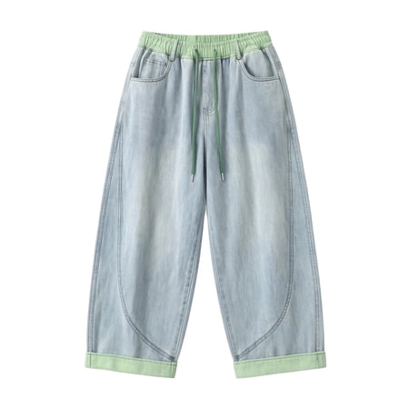 Curuila Teen Kids Boys Denim Pants With Pocket Elastic Waistband Drawstring Solid Color Loose Fit Fashionable Trousers Light Green Size 7-8 Years