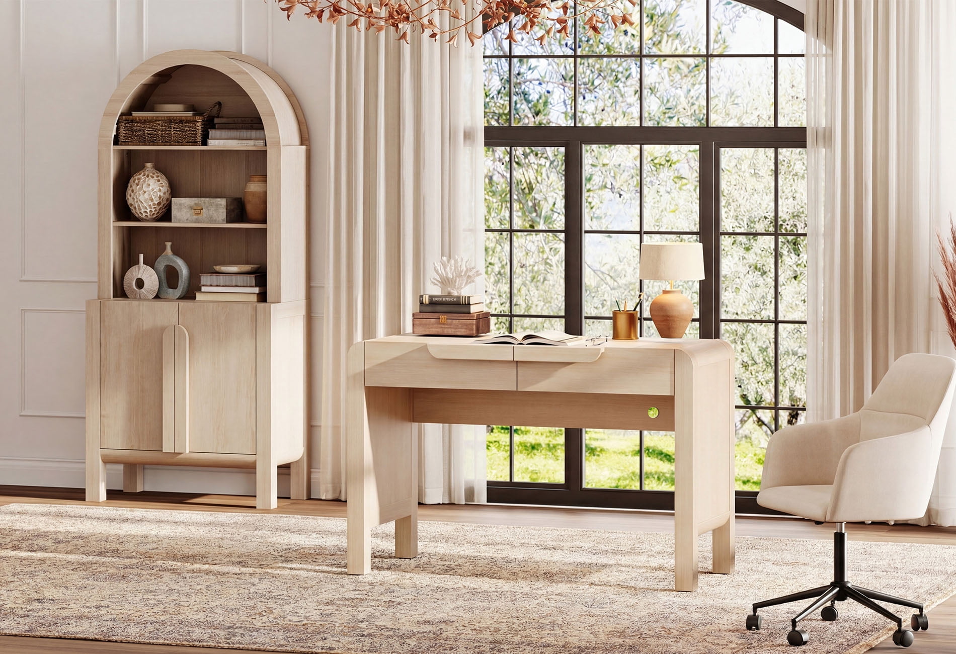 2 Piece Office Set, 47" Modern Executive Desk with Charging Station and Drawers & 71"H Tall 5-Tier Arched Bookcases with Storage Cabinet for Living Room, Bedroom, Home Office