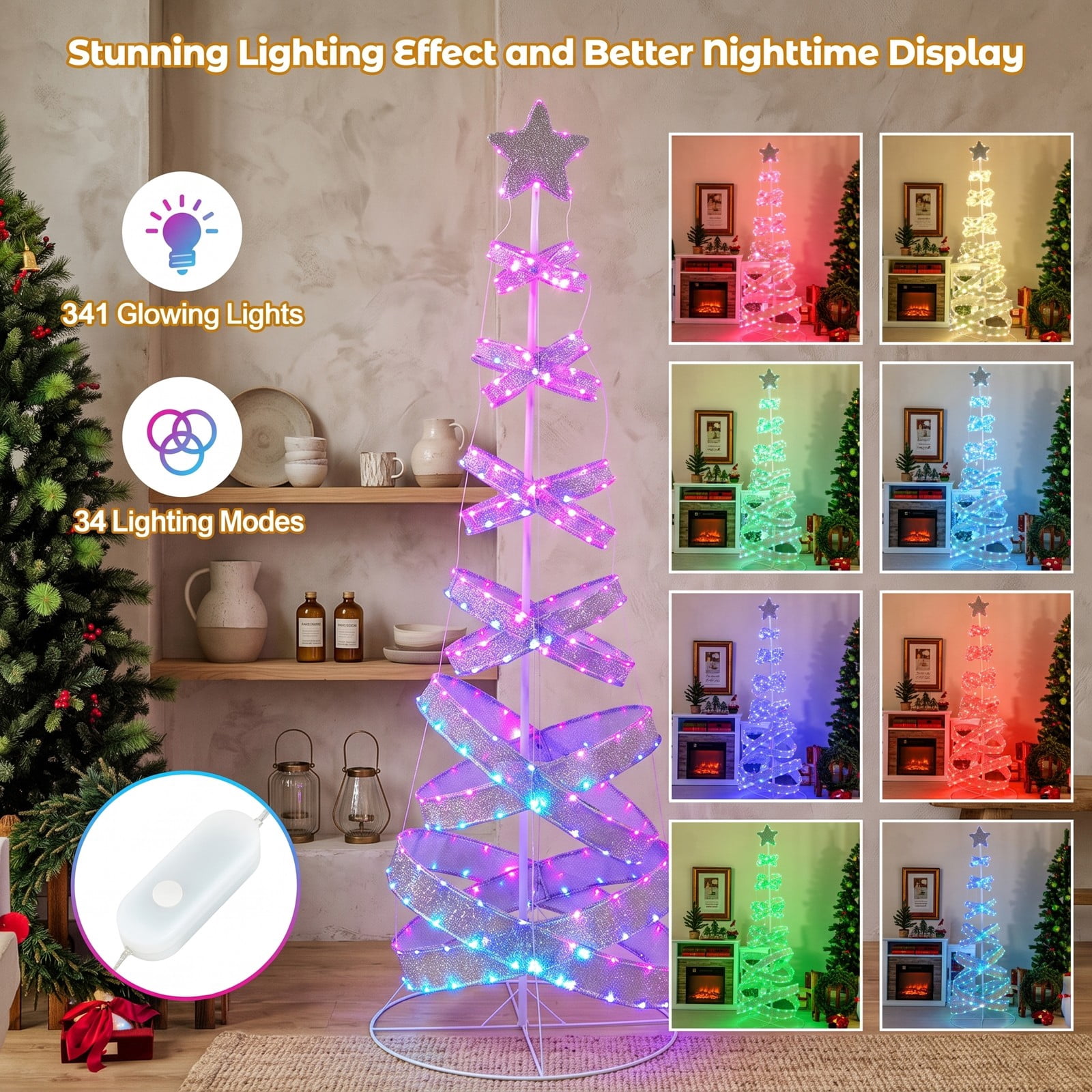 RUIE 7 FT Outdoor Spiral Christmas Tree with 341 LED Lights, 34 Lighting Modes Collapsible Metal Xmas Tree for Yard Party Holiday Decoration, White
