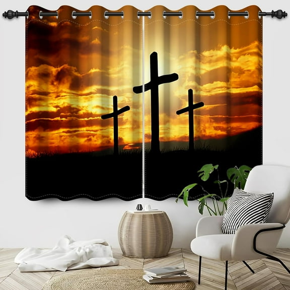 Cross and Rising Sun Window Curtains Christian Decorations Sunrise Scenery Window Drape Easter for The Church Window Treatment for Living Room Bedroom,2 Panels-42"W x 63"L (Pack of 2)