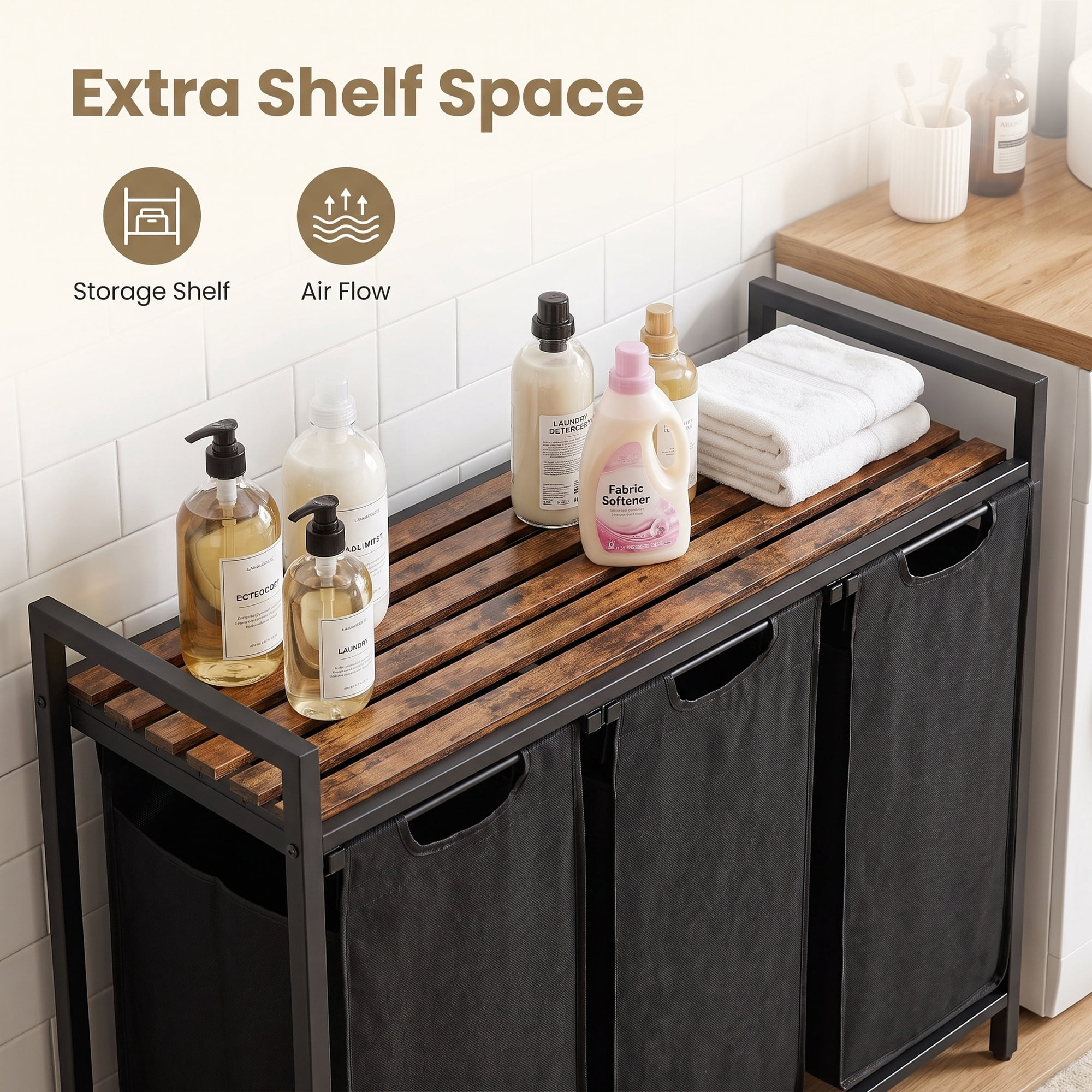 Ledrem 3-Compartment Laundry Sorter with Removable Bags for Home Organization, Ink Black/Rustic Brown
