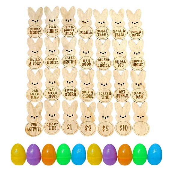 Easter Egg Tokens, Wooden Easter Kids Reward Bunny Tokens, Basket Toys, Holiday Party Supplies (28Pcs 10Eggs)