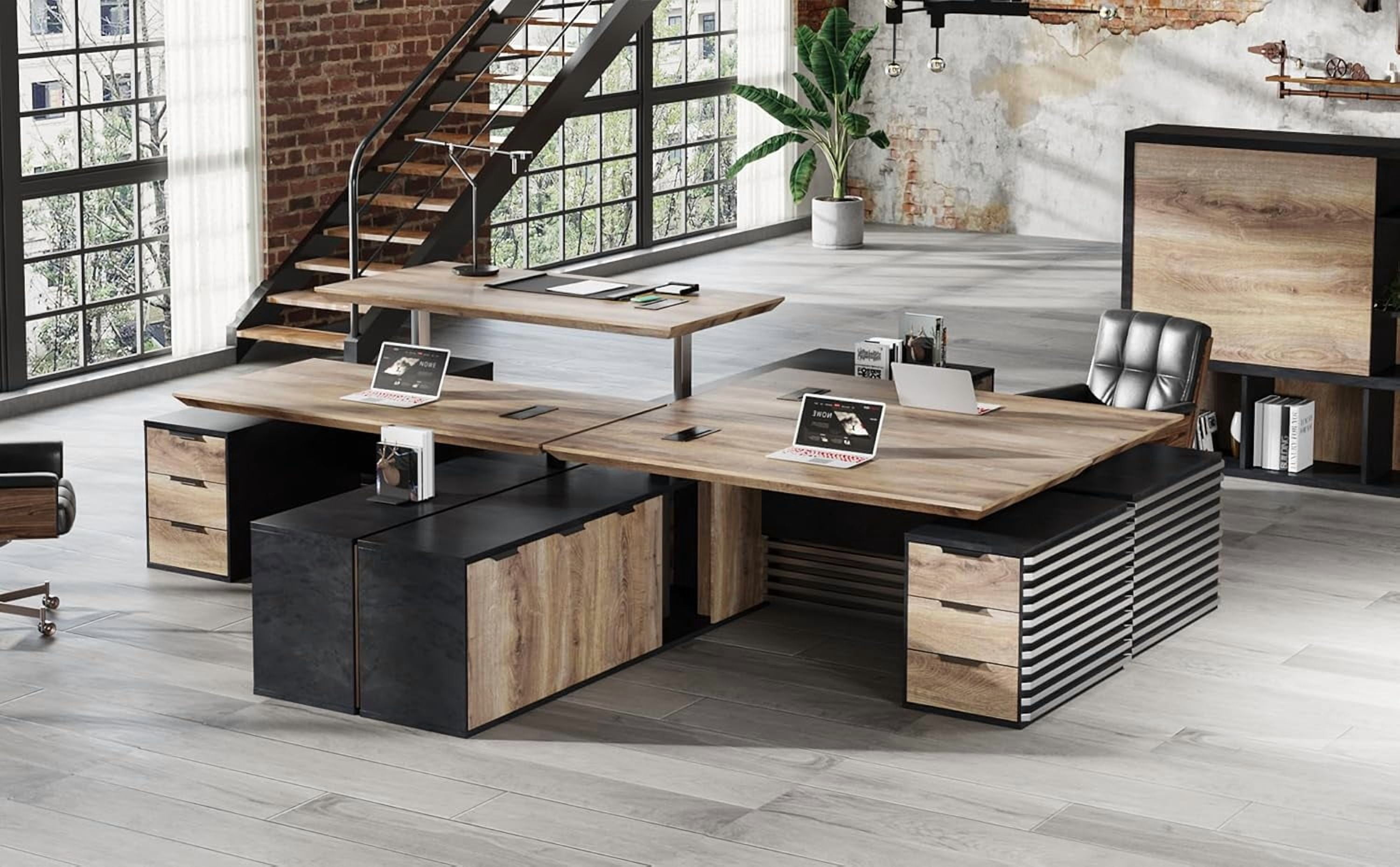 86.61inch L Shaped Adjustable Height Executive Desk with Cabinet