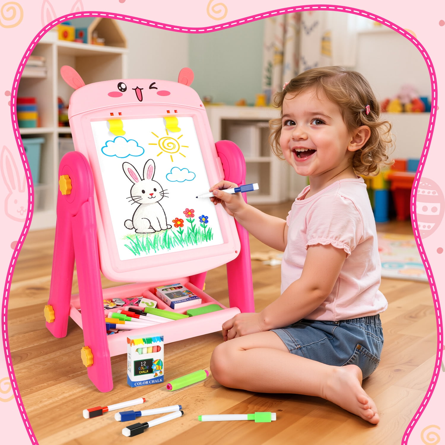 HopeRock Easel for Kids, Pink Rabbit Toddler Easel, Double-Sided Magnetic Whiteboard & Chalkboard, Toddler Art Set Educational Drawing Easel Gift for 2-6 Year Old Girls.