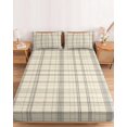 thumbnail image 2 of Twin Sze Fitted Sheet Set - Check Plaid 2 Piece Bedding Sets 16" Deep Pocket Fitted Sheet with 1 Pillowcase, Light Brown Grids Stripes Modern Minimalist Brushed Microfiber Hotel Luxury Bed Sheets, 2 of 9