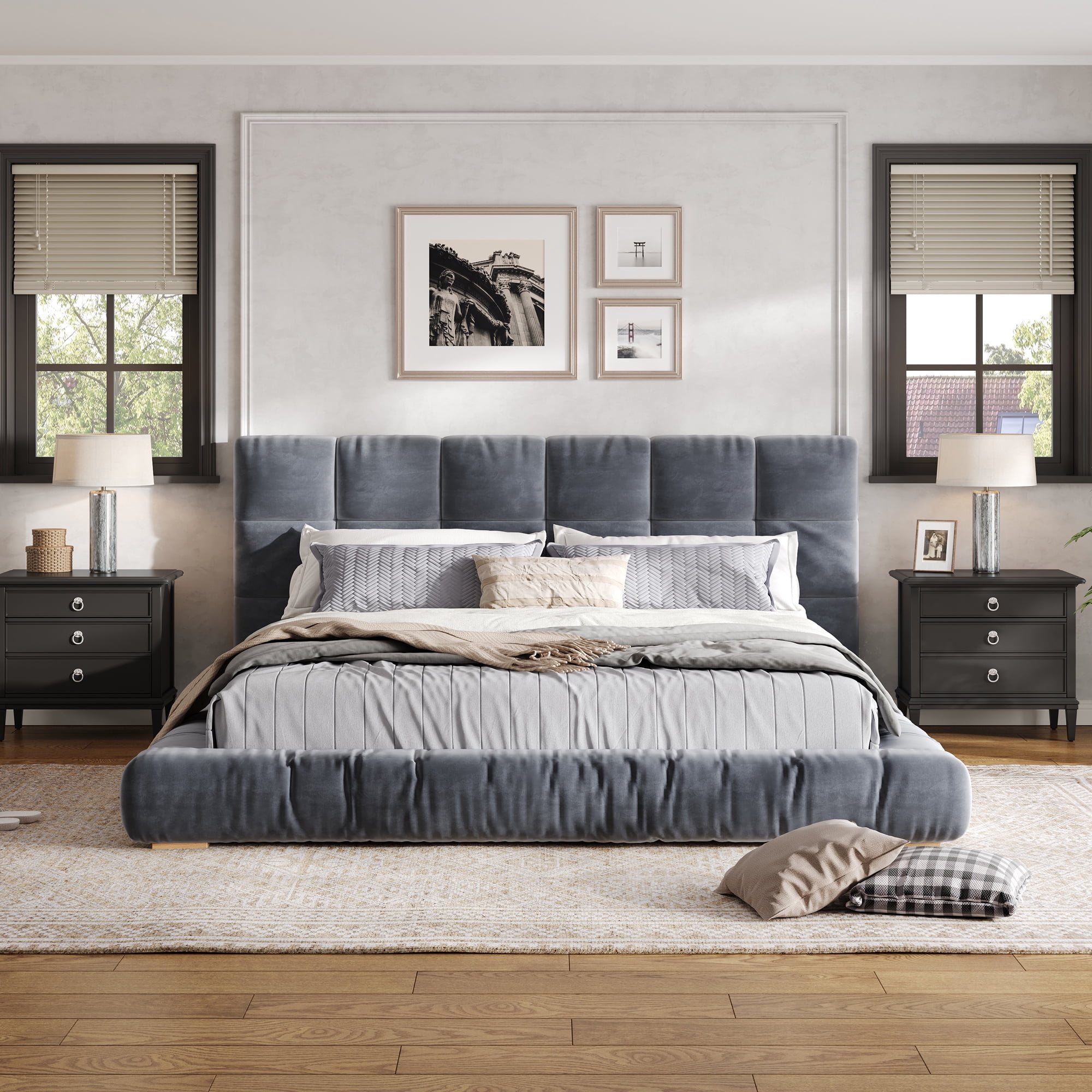 Euroco Velvet Upholstery Queen Size Platform Bed with Channel Tufted Headboard, Gray