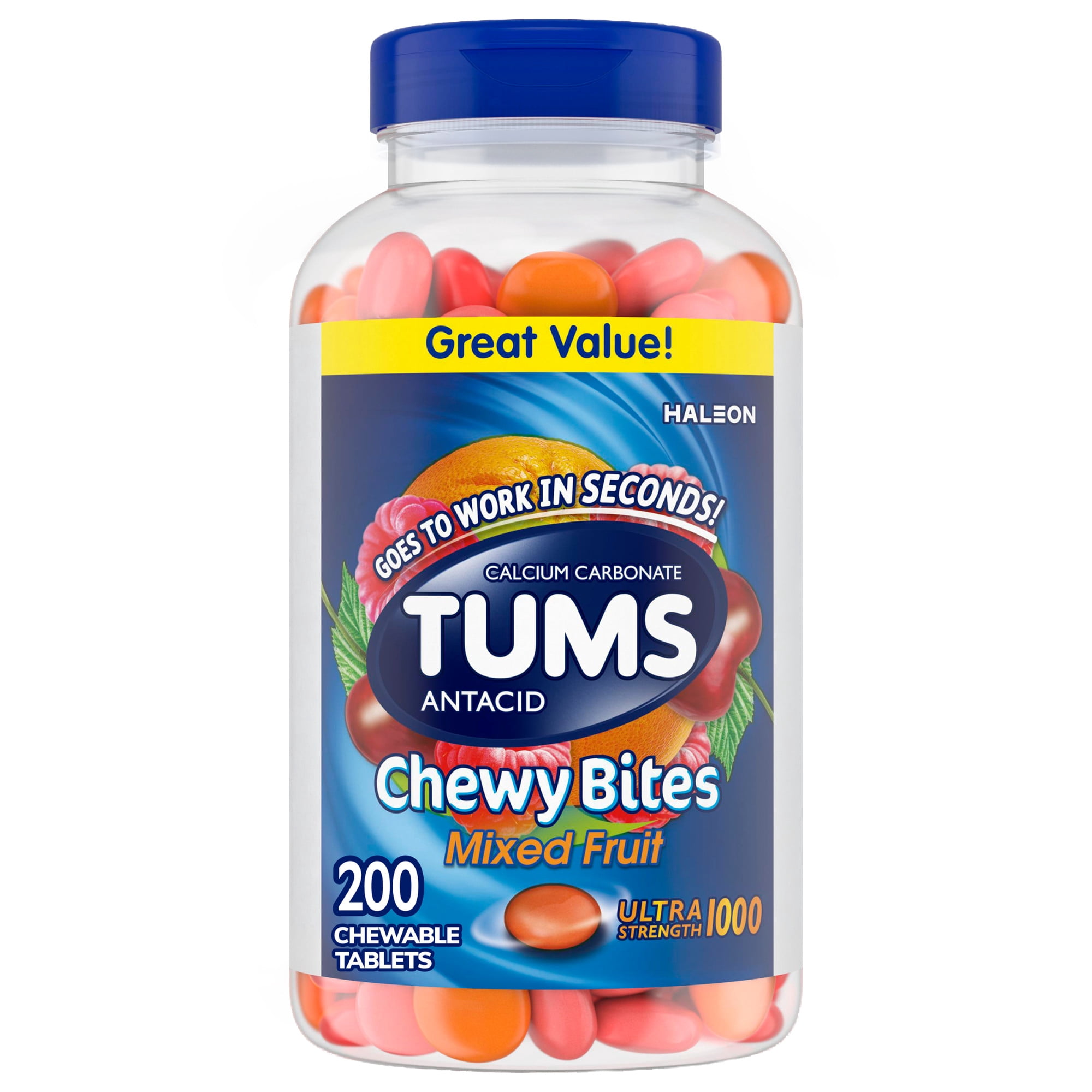 Tums Chewy Bites Antacid Tablets for Ultra Strength Heartburn Relief, Mixed Fruit, 200 Ct