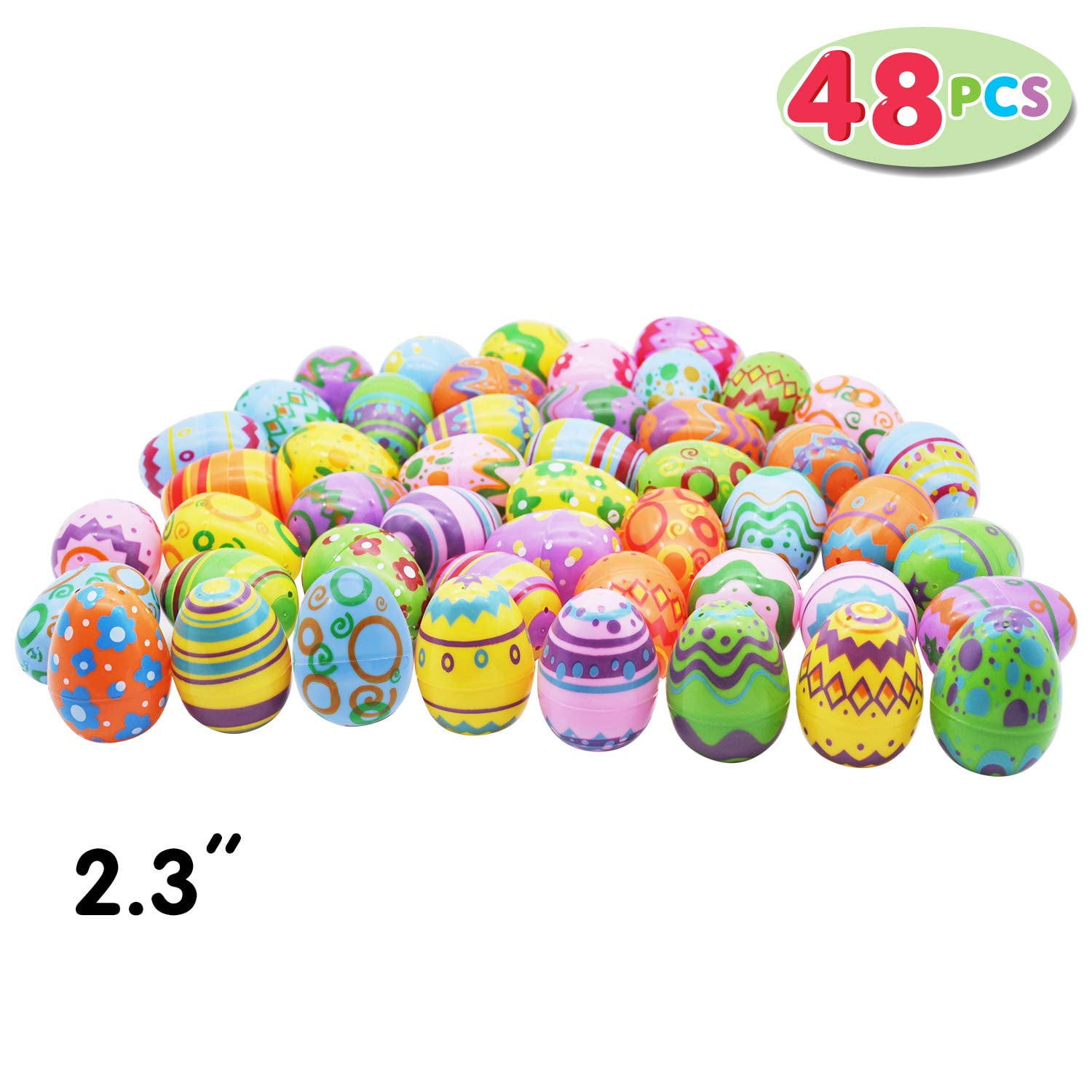 Joyfy 48 Pcs Bright Easter Eggs, 2.3" Tall Emply Plastic Printed Easter Eggs for Easter Egg Hunt, Basket Stuffers Fillers, Classroom Prize Supplies, Filling Treats and Party Favor
