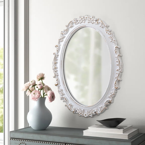 Sintosin White Wood Wall Mirror, Vintage Ornate Oval Mirror with Gold Accents, Baroque Style Decorative Accent Mirror for Living Room, Bedroom, Entryway