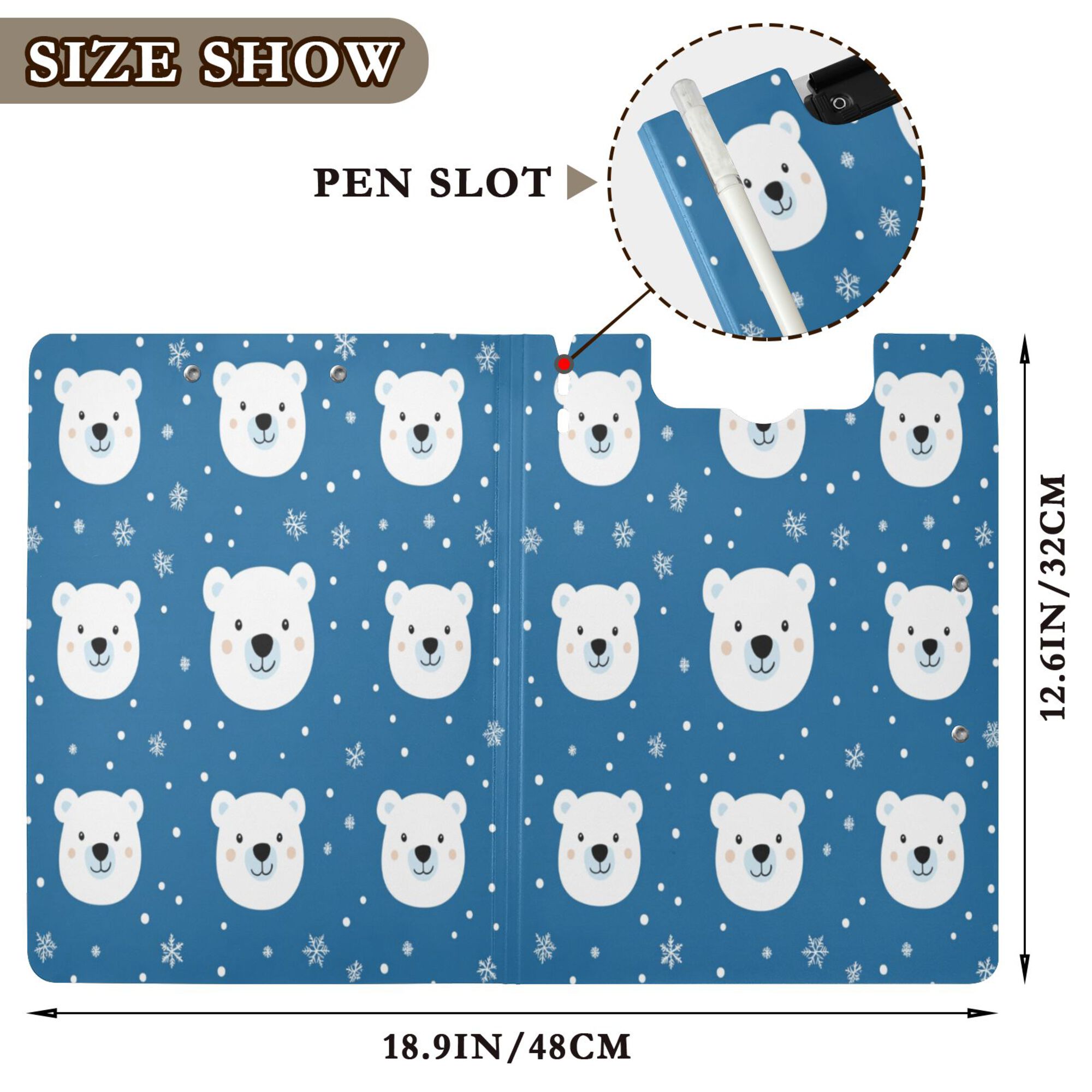 FORMRS A4 Clipboard Folder with Pen Holder Horizontal Foldable School Office Binder, Blue Polar Bear