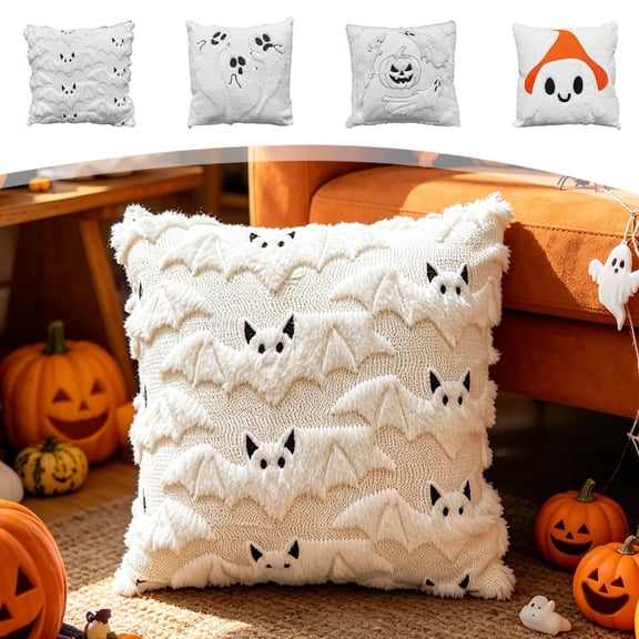 Halloween Embroidered Pumpkin Ghost Throw Pillow Cover, 18x18 Farmhouse Cushion Case, Soft Polyester, Hidden Zipper, Fall Decor for Sofa Bed by MPOISVA