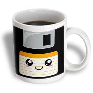 3dRose Kawaii Cute Happy Floppy Disk - Retro computers - Japanese Anime Smiling cartoon with orange label, Ceramic Mug, 11-ounce