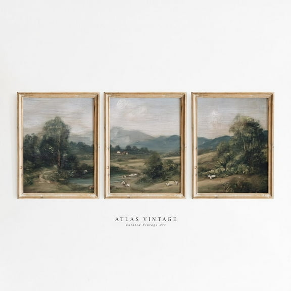 Luvia Vintage Rustic Farm Countryside Set Of 3 Prints, Sheep In Field Pastoral Landscape Poster Triptych, Rustic Summer Decor, Modern Wall Decor Set 3 Prints 8x12 UNFRAMED