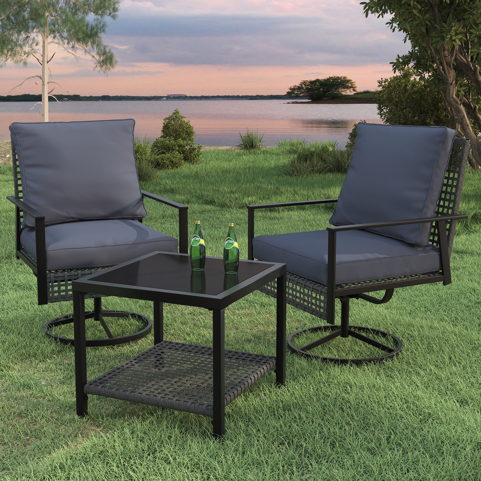 Ainfox Premium Patio Swivel Bistro Set,3-Piece Ourdoor Furniture Set,Wicker Rattan Coversation Rocking Chairs w/Glass Top Table & Cushions,Grey