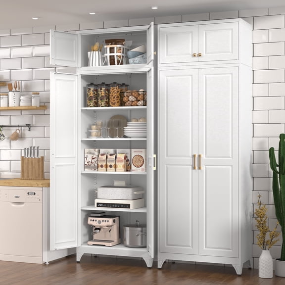 UNICOLY Art Deco Kitchen Pantry Cabinet, 90“H Metal Storage with Doors and 4 Adjustable Shelves, White with Gold Handles, 2-Piece