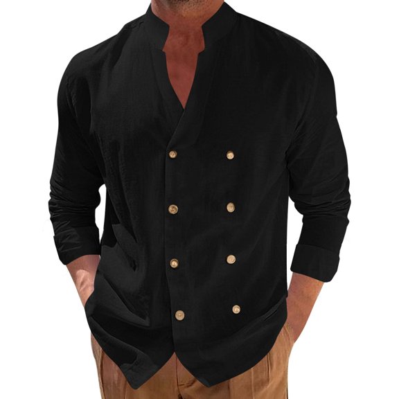 hoksml Men's Mandarin Collar Double Breasted Long Sleeve Linen Blend Shirt Breathable Loose Fit Casual Beach Button Down Shirt