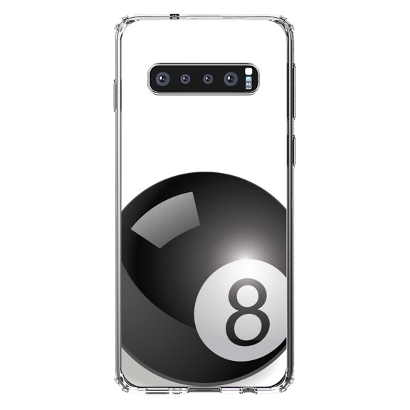 DistinctInk Clear Shockproof Hybrid Case for Samsung Galaxy S10 (6.1" Screen) - TPU Bumper, Acrylic Back, Tempered Glass Screen Protector - Black Eight Ball 8