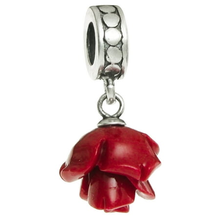 - Sterling Silver Simulated Red Coral Rose European Style Dangle Bead Charm Fits Pandora