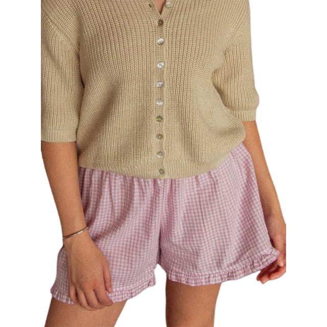 Gupgi Striped Shorts for Women Ruffle Hem Elastic Waist Short Pants Lounge Plaid Boxer Pj Bottom Loose Shorts
