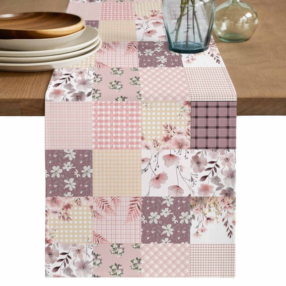 Boho Spring Floral Table Runner 36 Inches, Vintage Flowers Patchwork Plaid Pink Bed Runner Dresser Scarves Tabletop for Indoor Outdoor Parties/Ceremony/Banquet, 13"x 36"