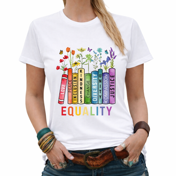 Vintage Human Rights Equality Colorful Books Graphic Tees Womans Casual Tshirt Tops Black/White S-5XL