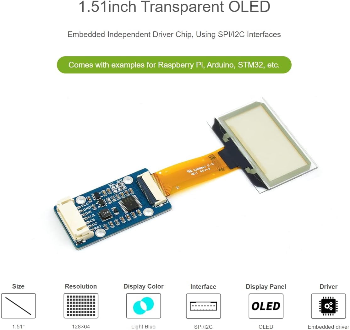 for /Arduino/STM32, 1.51" Transparent OLED Screen with Expansion Board, 128x64 Pixels Light Blue Color Display,3.3V / 5V Voltage Embedded Chip, SPI/I2C Interfaces