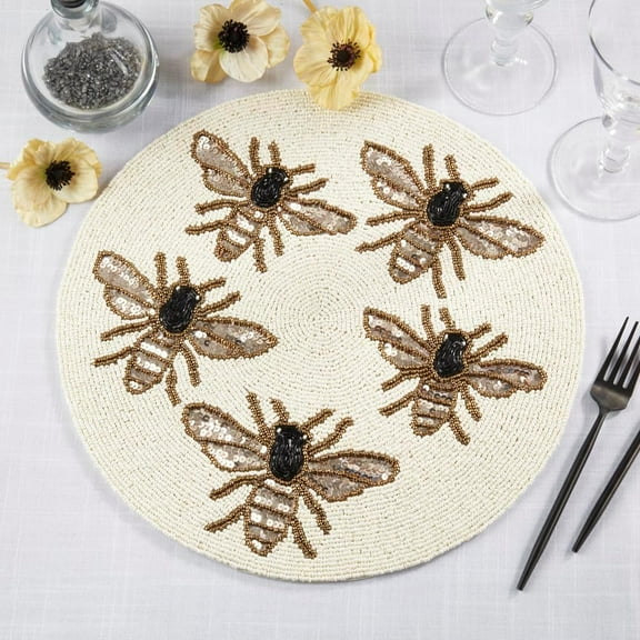 Fennco Style Beaded Cute Bees Placemat 15" Round, 1-Piece - Gold Handmade Glam Table Mat for Home Décor, Family Gatherings, Birthdays and Special Events