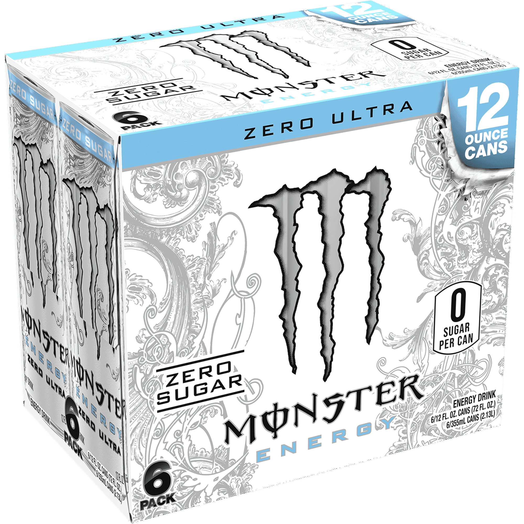 Monster Energy, Zero Ultra, Sugar Free Energy Drink, 12 fl oz, 6 Pack ( 2 Box )