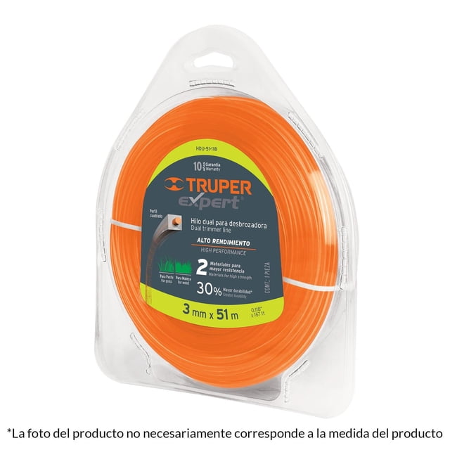 hilo para desbrozadora truper dual 63 m 0105 hdu-63-105 Anaranjado, carrete en blister con bobina circular de hilo perfil cuadrado y núcleo de polímero, diámetro 2.7 mm, largo 63 m, para uso rudo en corte de pasto y maleza con desbrozadoras eléctricas; a menudo se emplea como repuesto de cabezales en mantenimiento de jardín.
