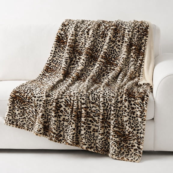 Leopard Print Faux Fur Fleece Throw Blanket, Soft 280 GSM Polyester, Couch and Bed Home Decor