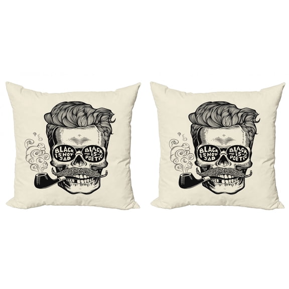 Ambesonne Indie Throw Pillow Cover 2 Pack, Skull with Mustache and Glass, 18", Black Cream