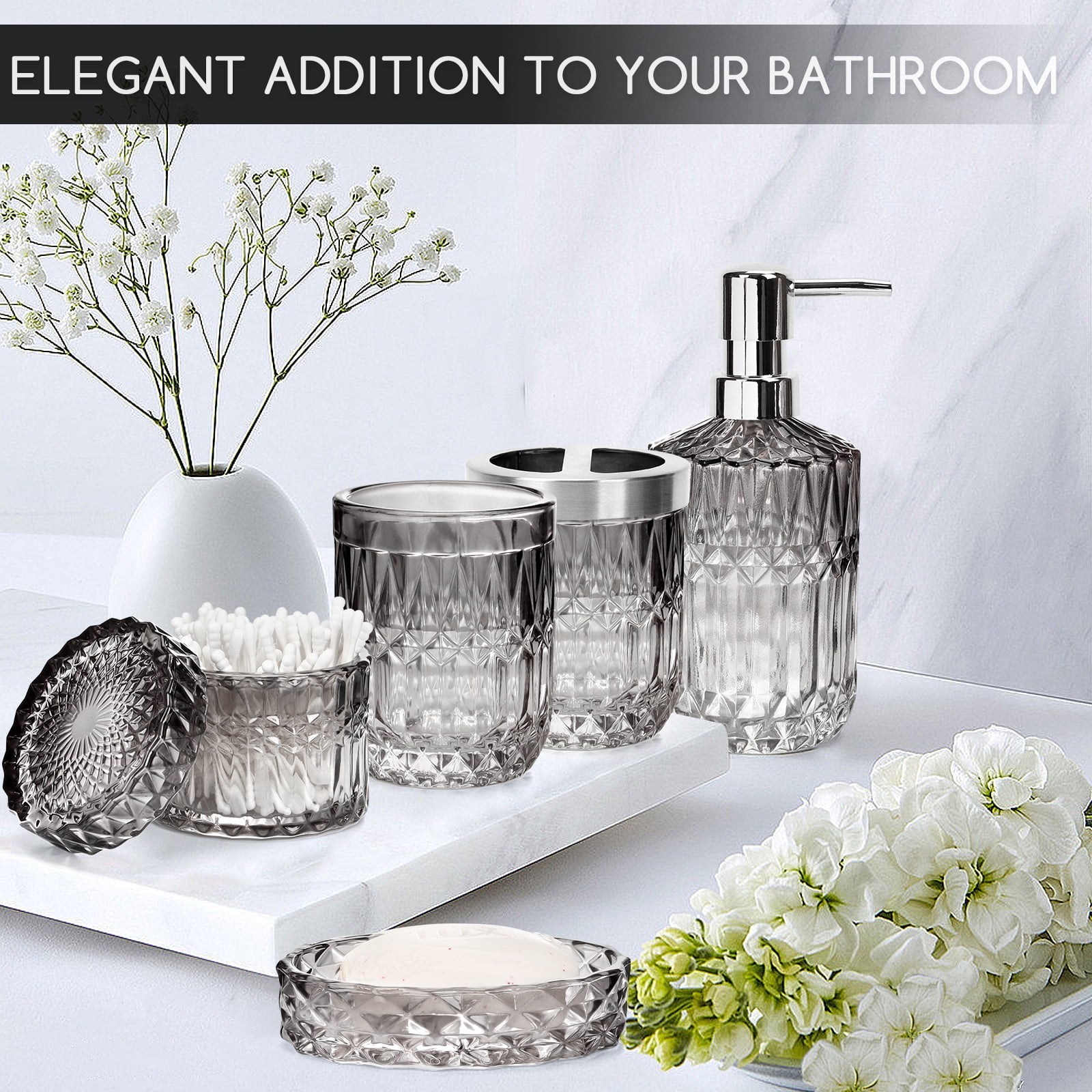 Vertical Line Glass Soap Dispenser Set, Rust-Proof Pump, Thickened Modern Bathroom Accessories for Countertop Organization & Stylish Home Decor(Grey)