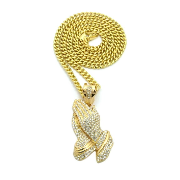 Stone Stud Praying Hands Pendant w/6mm 30" Cuban Chain Necklace, Gold-Tone