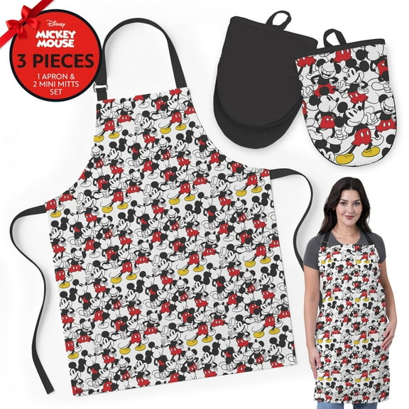 Disney Apron and Oven Mitts Set, 3 Piece Bundle with Cotton Apron and Mini Oven Mitts