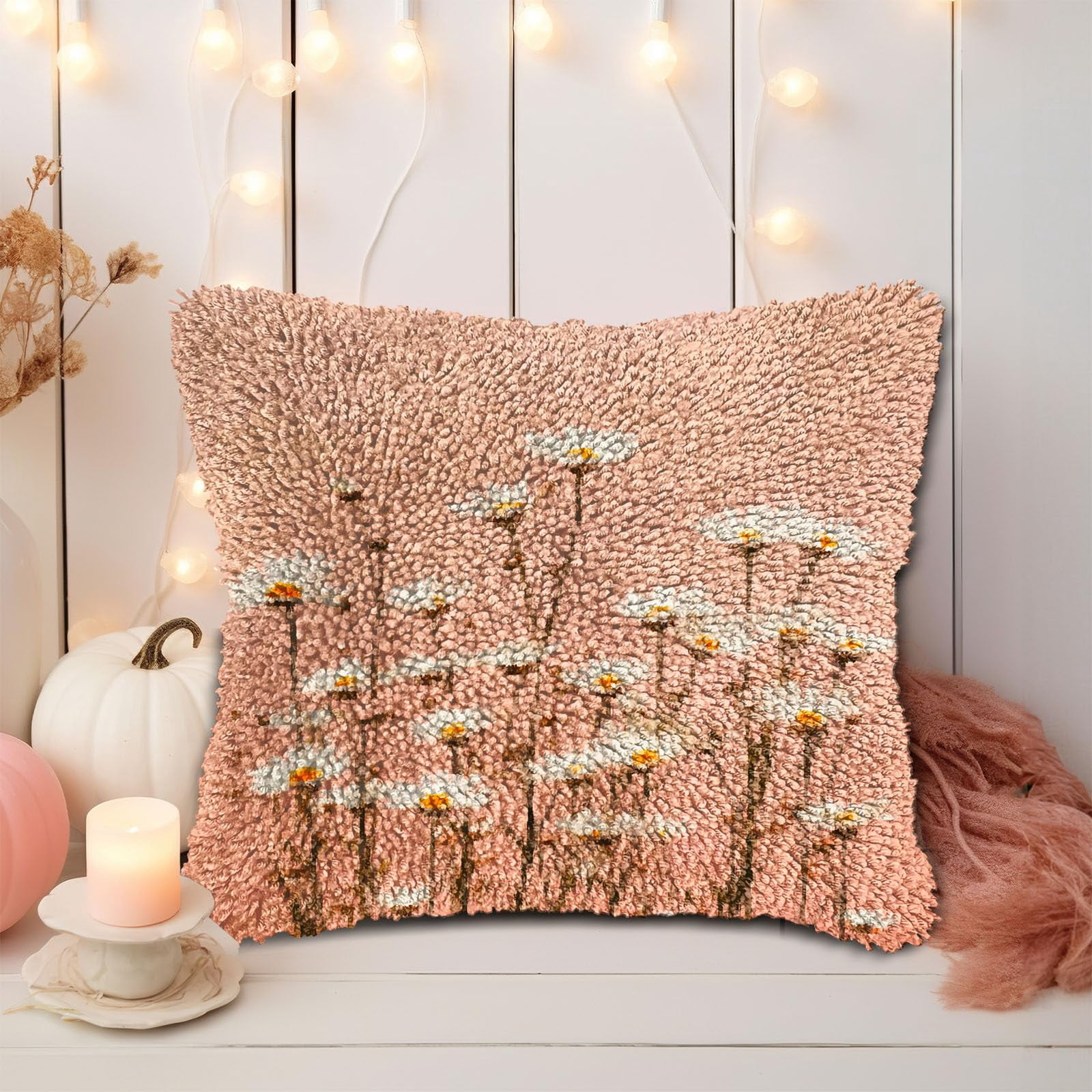 DIY Latch Hook Pillow Kits for Adults Little Wild Daisy Flowers Printed Pillowcase Crochet Yarns Hooking Handmade Pillow Cover Cushion for Home Sofa Decoration 17x17inch-3