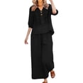 thumbnail image 3 of Women's Cotton Linen Embroidered Shirt and Wide Leg Pants Two Piece Set, 3 of 6