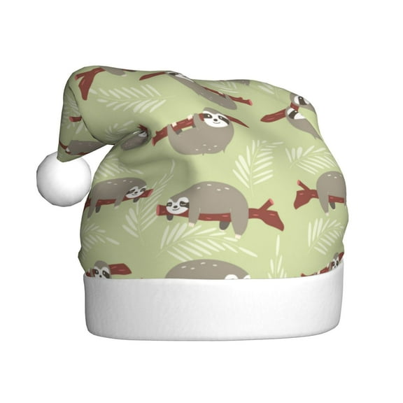 Fuzoiu Twig Sloth Print Santa Hat Christmas Hat for Adults,Santa Hats with Pompom, Unisex Xmas Holiday Hat for Christmas New Year Festive Party Supplies