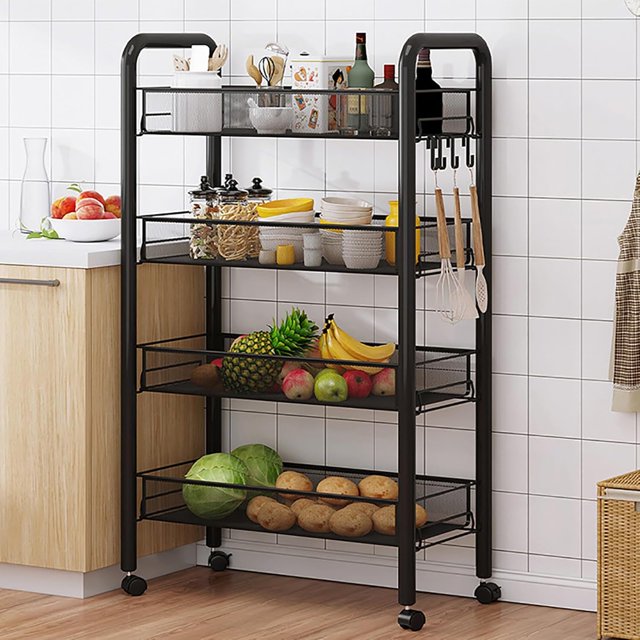 5-Tier Kitchen Organizer and Storage Cart, Metal Pantry Snack Cart Utility Storage Rack on Wheels Rolling Storage Shelves for Fruit, Potato Snacks Vegetables, Bread (Black,44x27x84cm(17x11x33in))