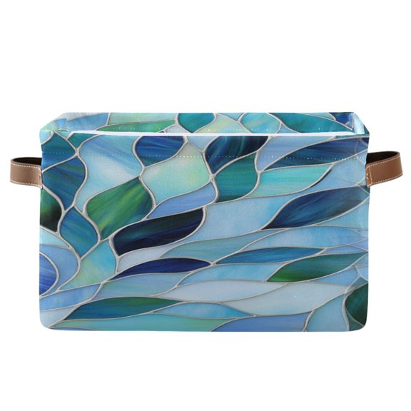 Blue and Green Leaves Foldable Storage Basket,Canvas Fabric Foldable Storage Bins with Handles Open Home Storage Bins Boxes for Toy Book Shelf Closet Baskets