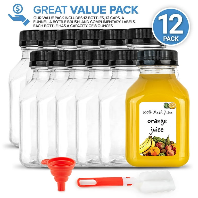 Stock Your Home Plastic Juice Bottles 8 Oz with Lids, Juice Drink Containers  with Caps, 8 oz Bottles with Caps, 12 Count 