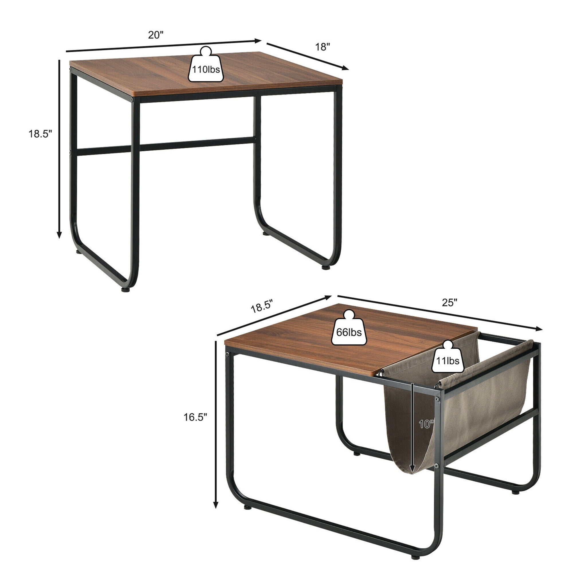 Gymax Set of 2 Nesting Coffee Table Industrial Stackable Side Table w/ Magazine Holder