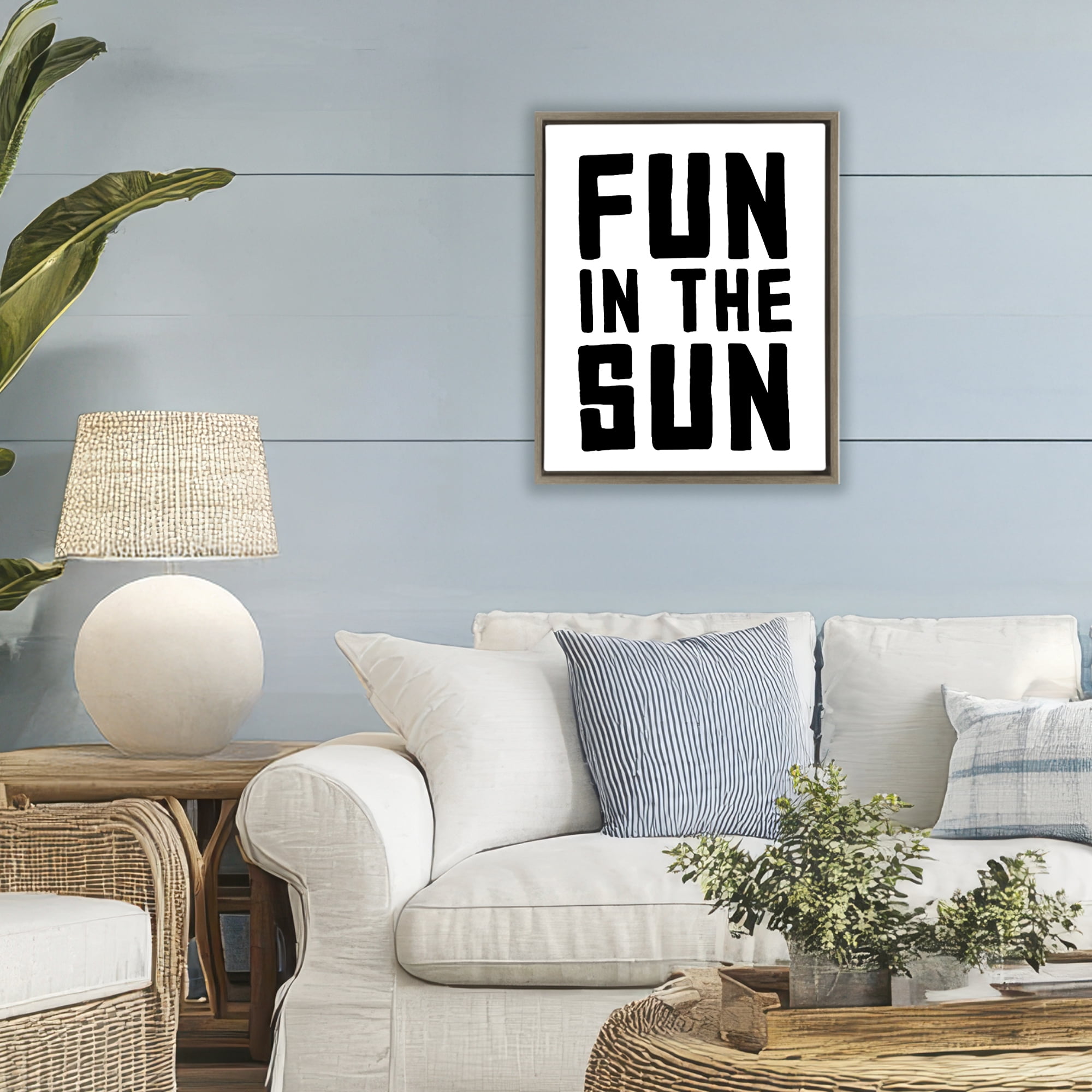 Fun In Sun Simple Sentiment Brown Framed Floater Canvas Wall Art, design by Lettered and Lined