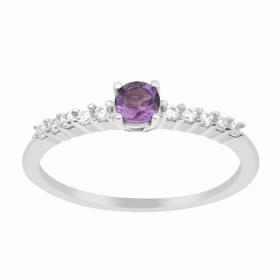 4mm Round Shape Amethyst 925 Sterling Silver Solitaire Side Accents Women Promise Ring
