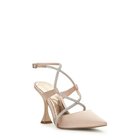 

VINCE CAMUTO Womens Beige Mixed Media Padded Ankle Strap Rhinestone Kadrya Pointed Toe Flare Buckle Dress Pumps Shoes 5.5 M