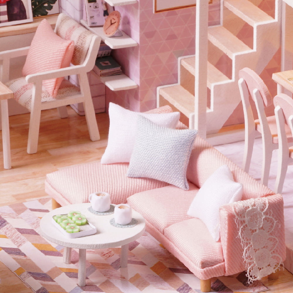 DIY Miniature Loft Dollhouse Kit Realistic 3D Pink Wooden House Room Toy Q7W9 