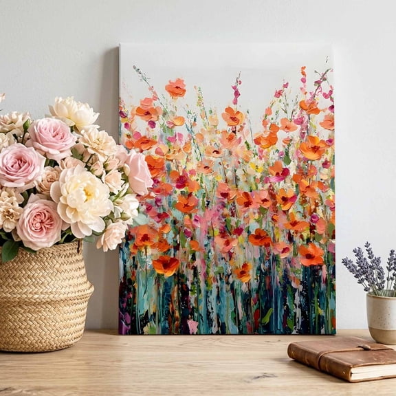 Canvas Wall Art Orange Poppy Canvas Art Print Wildflower Garden Impressionist Botanical Pictures Wall Decor for Living Room Bedroom Artwork Decorations Stretched Framed Ready to Hang 24"x36"