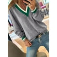 thumbnail image 2 of Women's Gray V-Neck Varsity Sweater with Striped Trim – Casual Daily Wear | XL, 2 of 11