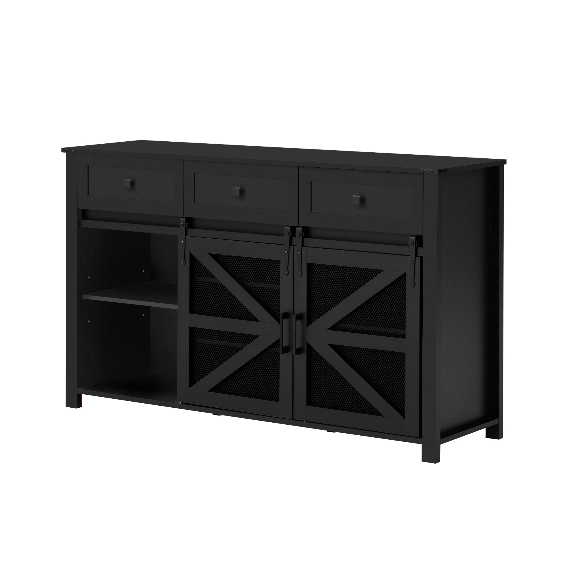 Euroco 55" Sideboard Buffet Cabinet with Sliding Barn Door, Farmhouse Storage Cabinet with 3 Drawers,Adjustable Shelves, Aluminum Handles & Metal Mesh, Wood Coffee Bar Table for Kitchen,Black