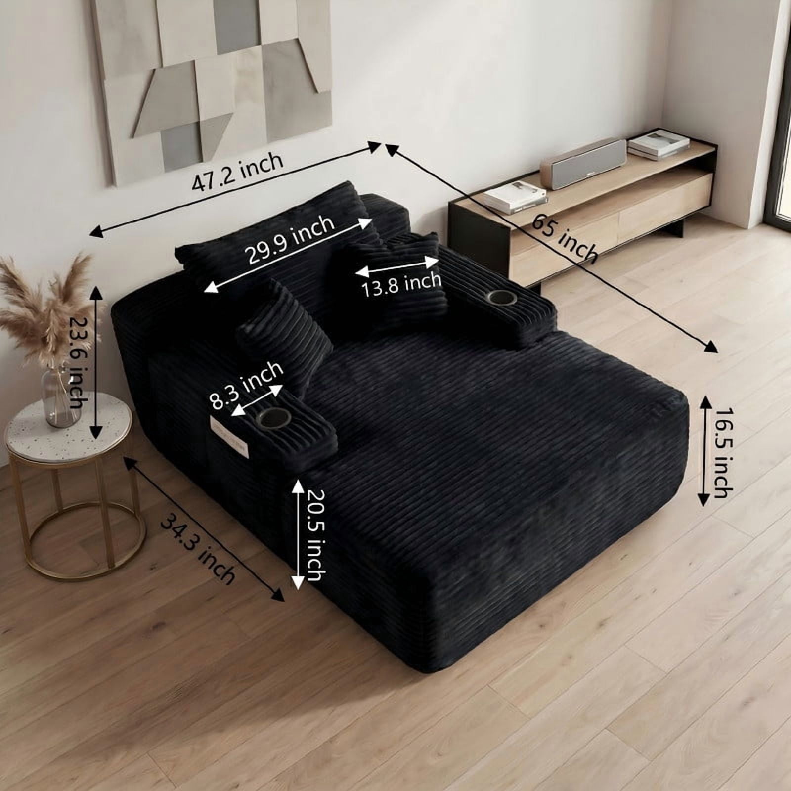 Modern Plush Faux Fur Oversized Chaise Lounge Sofa Chair with Deep Seat Memory Foam and Pillows, No Assembly Required for Living Room Bedroom Studio, Black